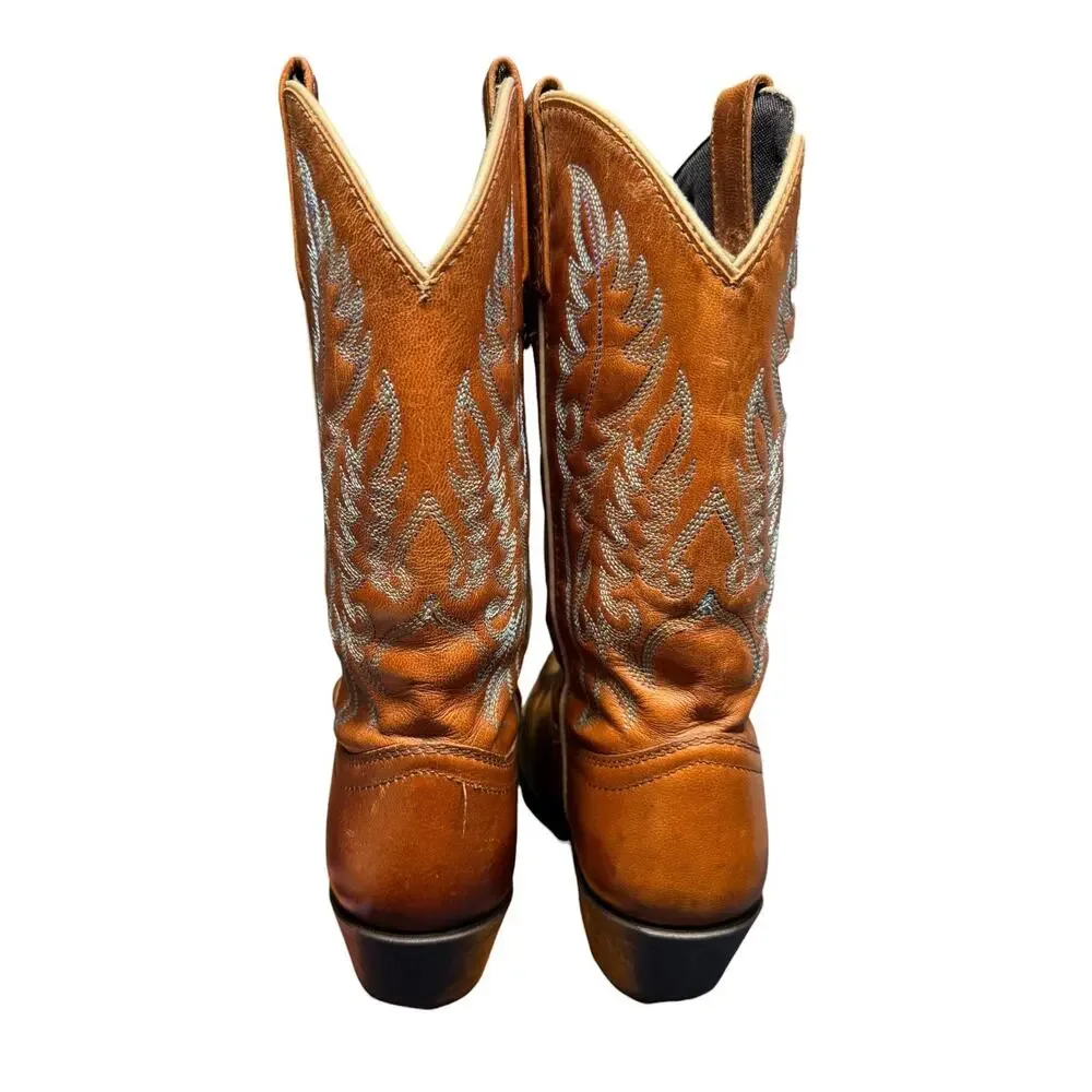 LAREDO Women's 8M Brown Leather Cowboy Pointed ToeBoots Turquoise Stitch Western